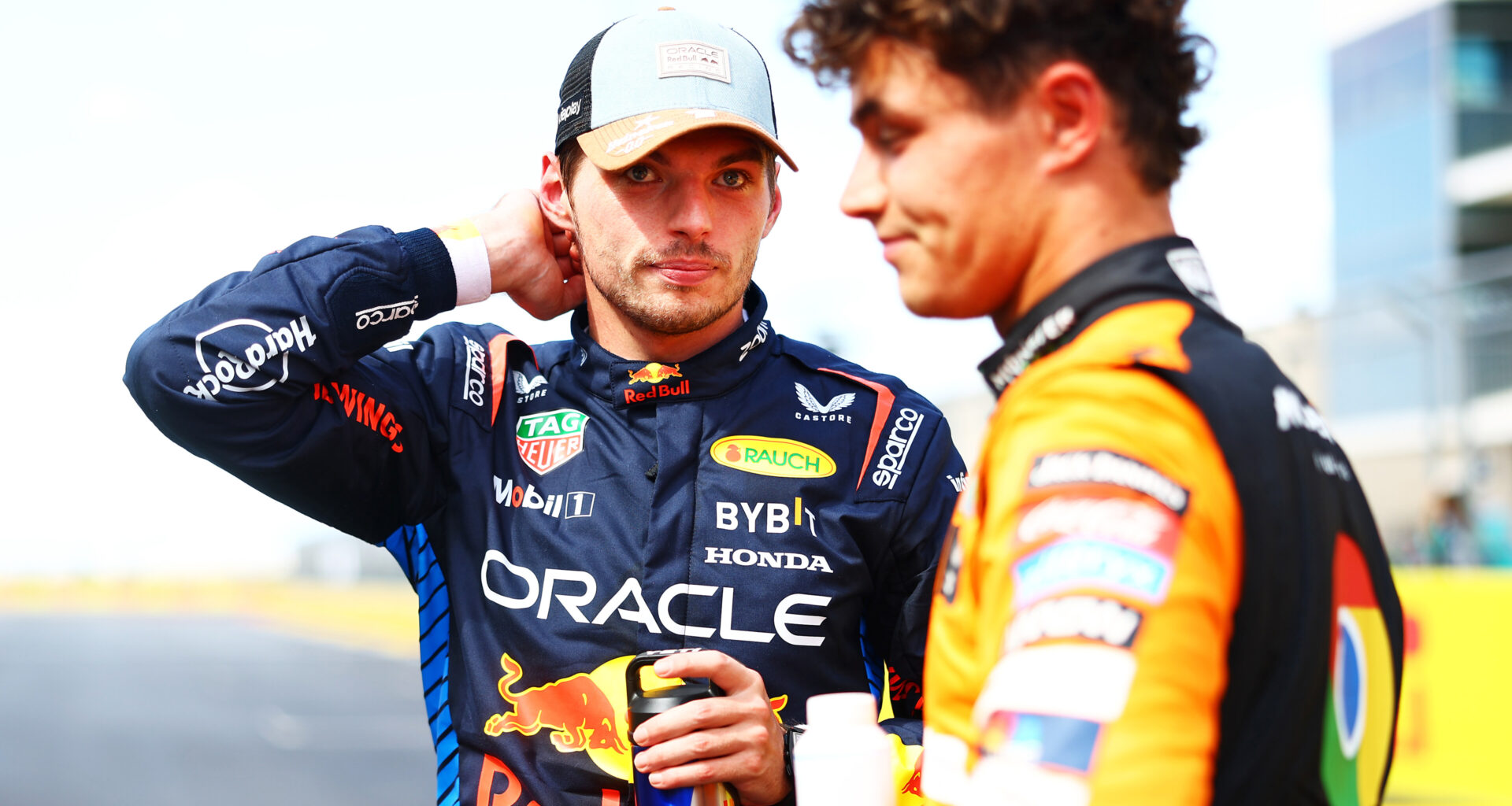 Sprint winner Max Verstappen of the Netherlands and Oracle Red Bull Racing and Third placed Lando Norris of Great Britain and McLaren talk in parc ferme during the Sprint ahead of the F1 Grand Prix of United States at Circuit of The Americas