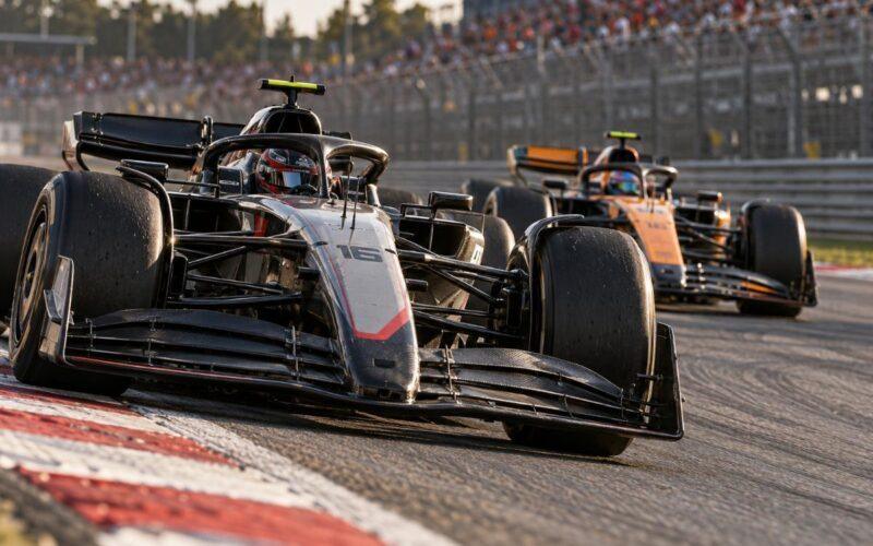 Two Formula 1 cars accelerating out of a corner, illustrating a close championship battle